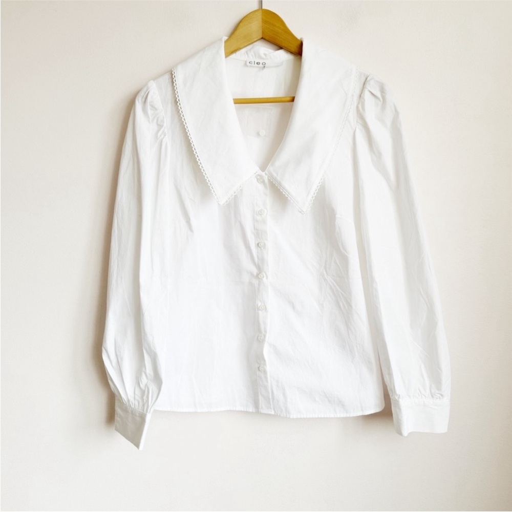crisp white cotton large lapel blouse